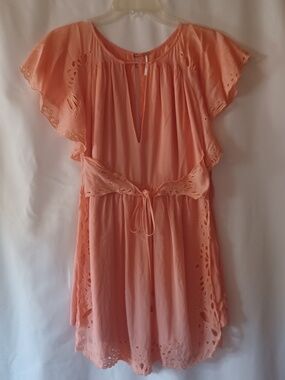Free People Sahara Romper Coral Flutter Sleeves Eyelet Lace Layered Size 4